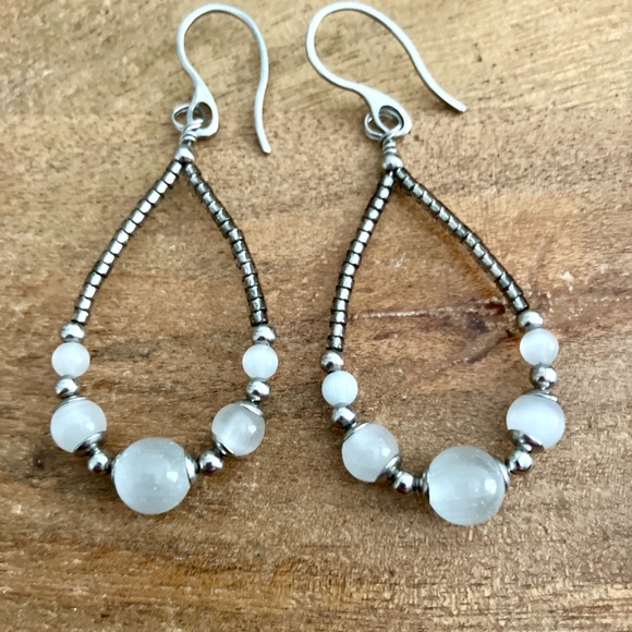 Natural Selenite Teardrop Hoop Earrings in Stainless Steel Handmade Artisan - Picture 10 of 10